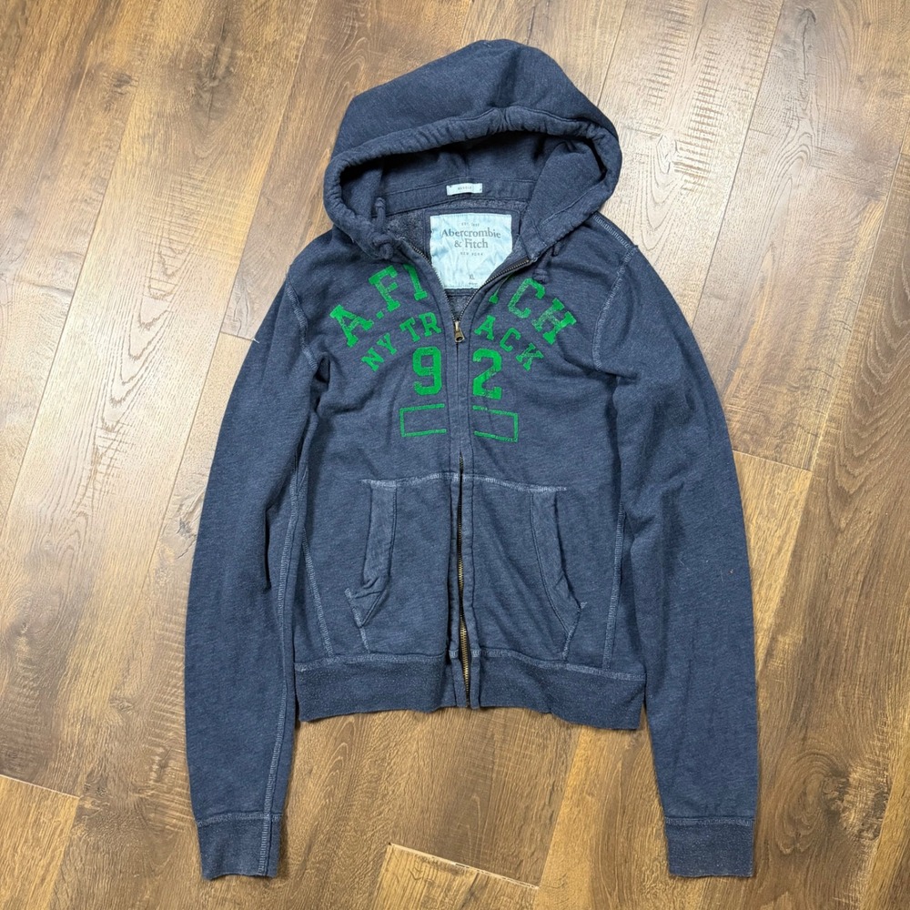 Vintage Y2K Abercrombie & Fitch Men's XL Navy Varsity Athletic Zip Hoodie